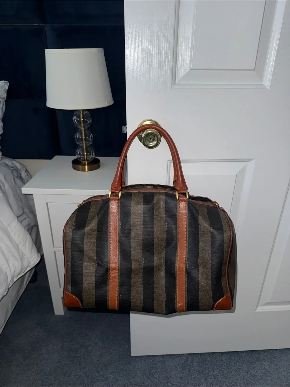 Fendi Vintage Pequin Brown & Dark Brown Striped Canvas Duffel with Leather Trim
